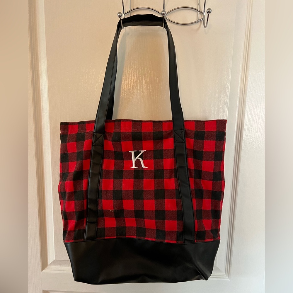 Red Buffalo Plaid Tote Bag with Monogram K
